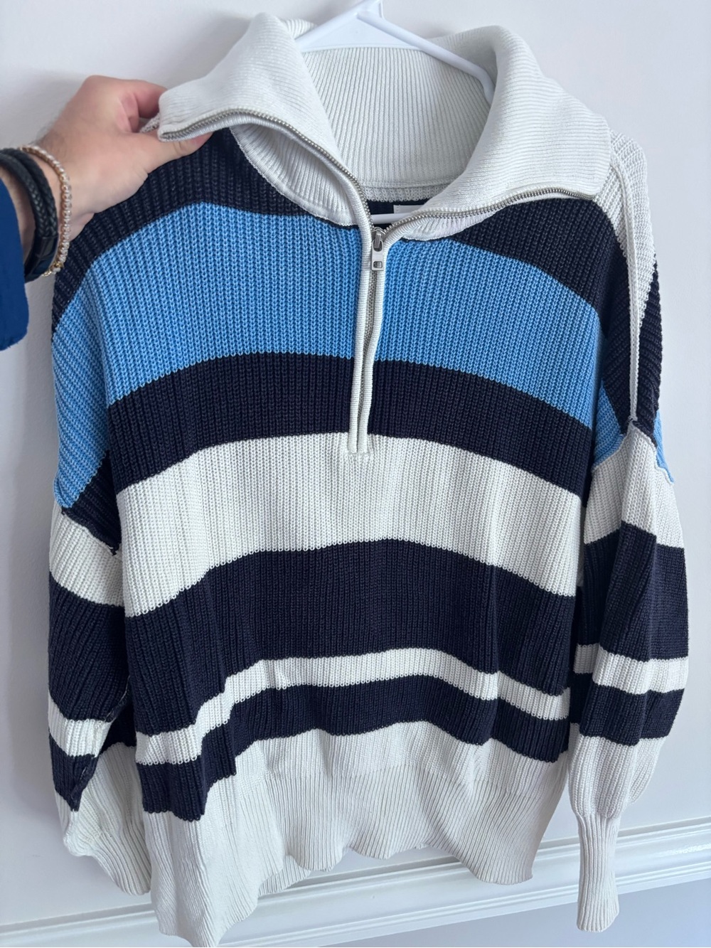 Striped Half-Zip Knit Pullover in Navy, White & Sky Blue from aerie size xxs